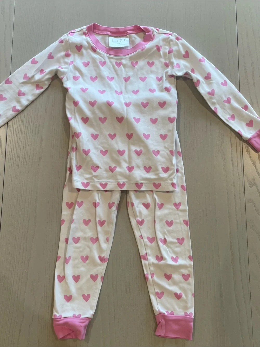 Lake Kids Long-Long Pima Cotton Pajama Set in Darling Pink Heart - Size 4
